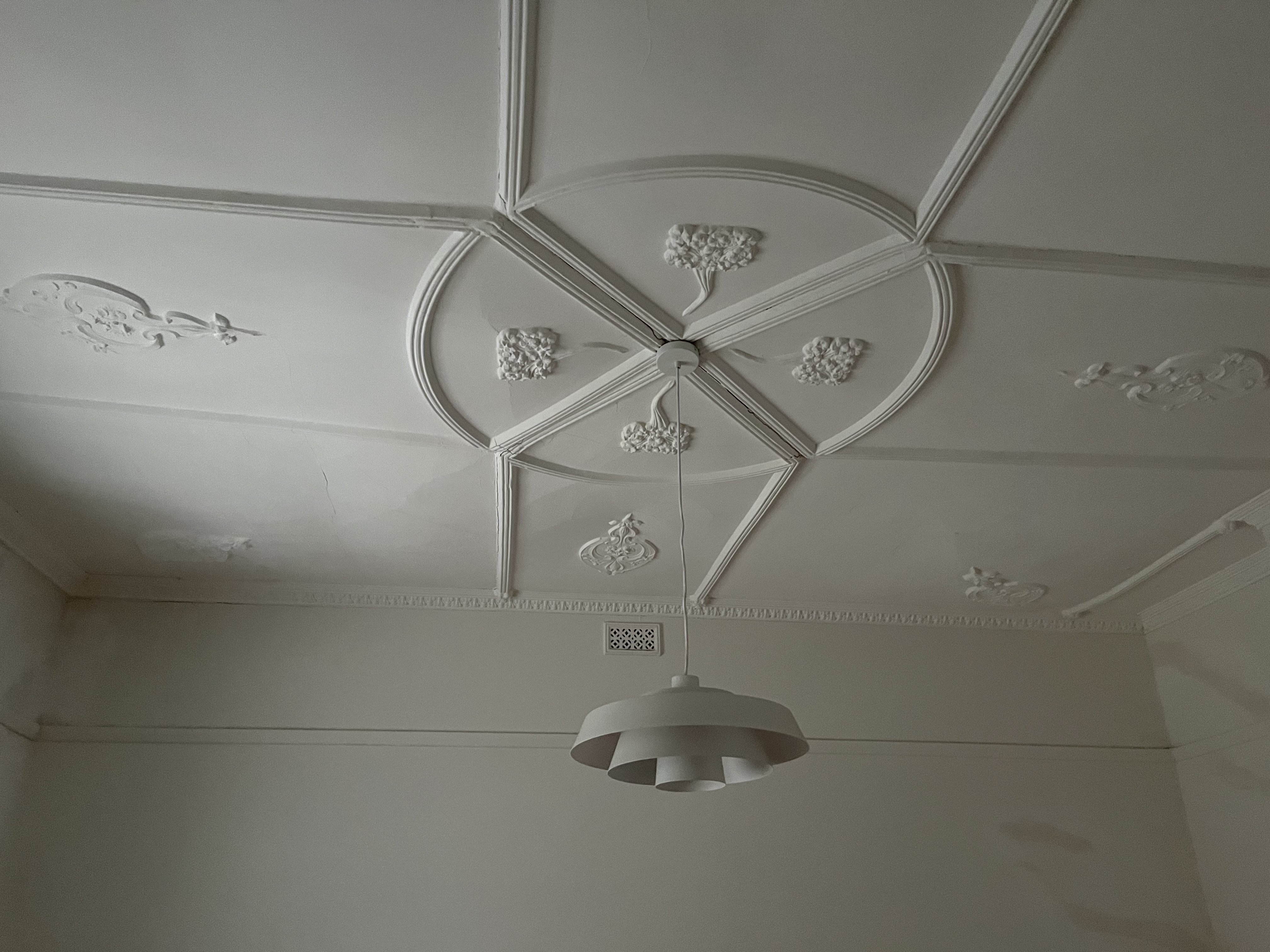 Ornate Adelaide period ceiling with decorative plasterwork, heritage rose and Victorian cove cornice